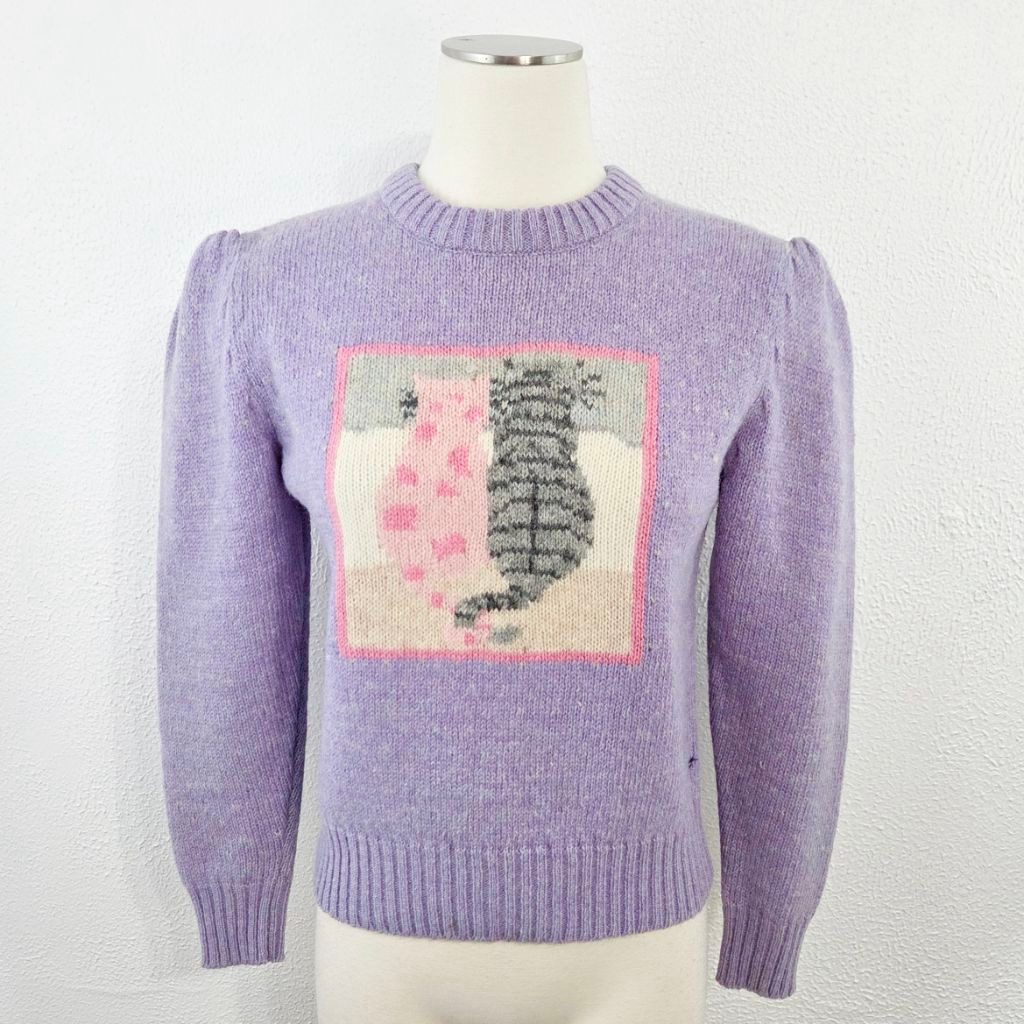 Vintage Pastel Purple Pink Kitty Cat Sweater Puff Sleeves Fairy Kei Kawaii Flaw